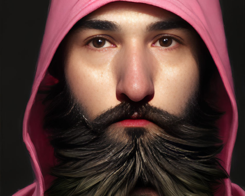 Serious man with thick beard in pink hoodie on black background