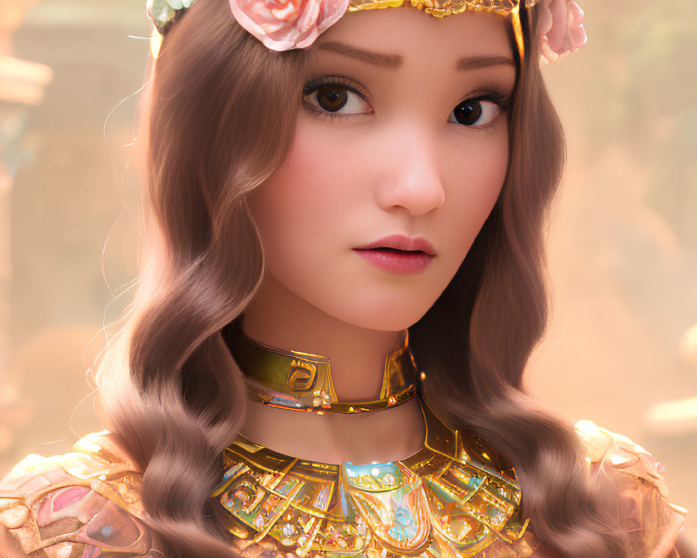 Animated female character with floral crown and ornate gold armor on warm background