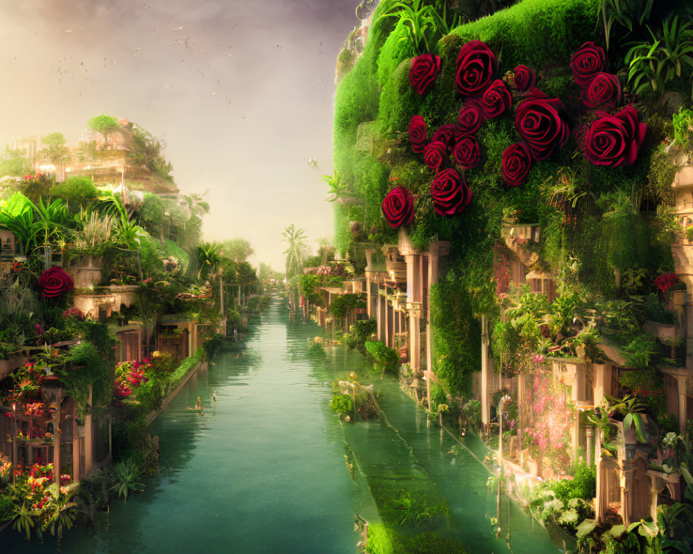 Ruined city with vibrant flora and flowing river