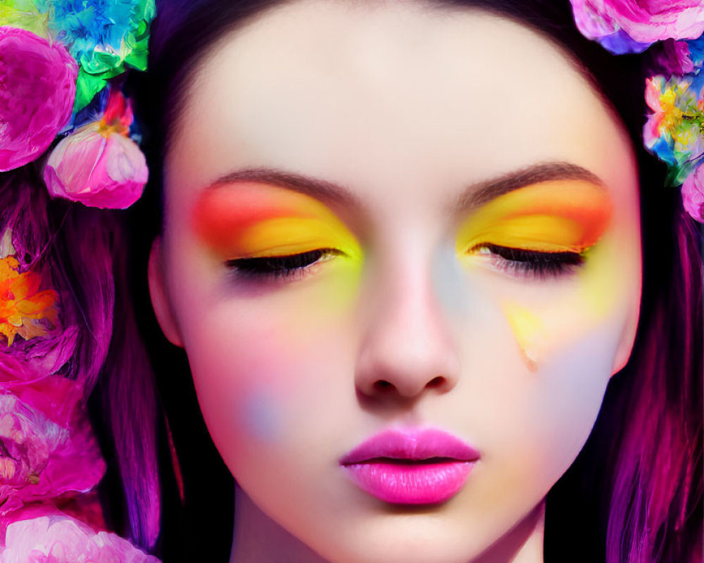 Colorful Eye Makeup and Floral Crown on Serene Person Against Neutral Background