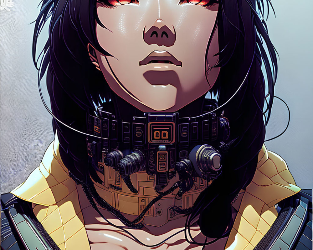 Futuristic illustration of woman with black hair and red eyes