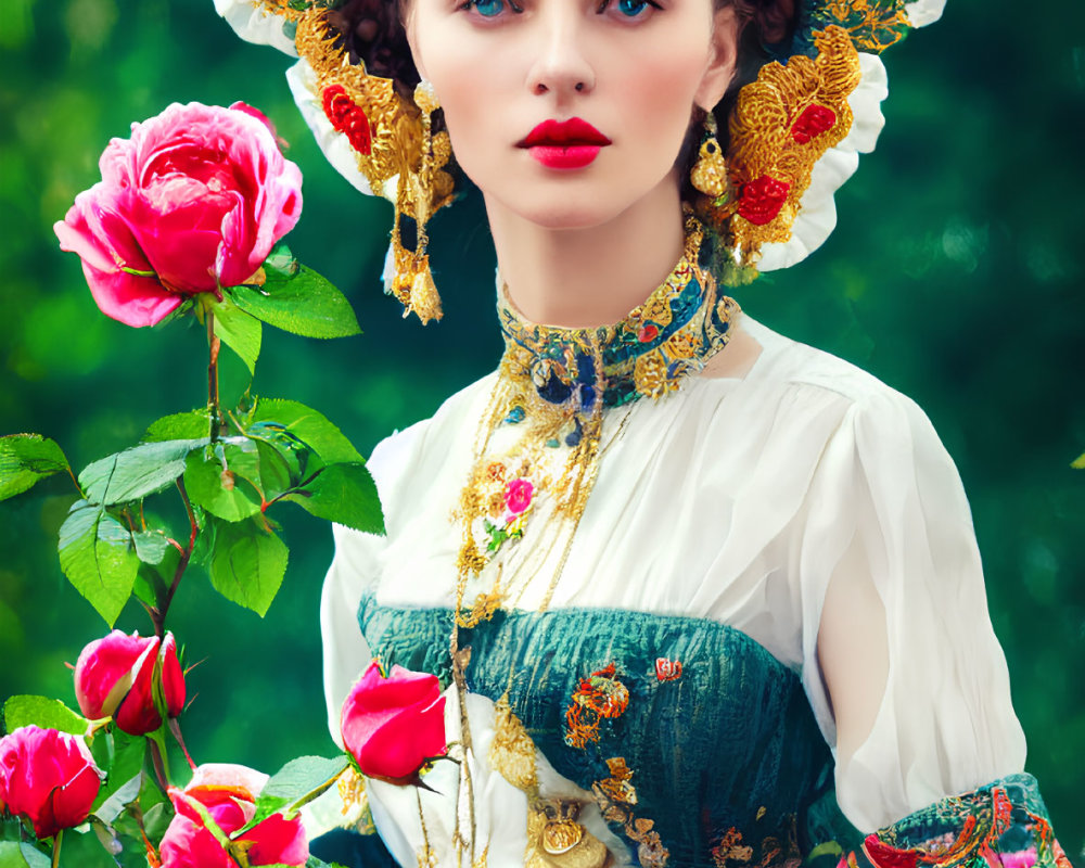 Woman in traditional attire with floral headpiece amidst blooming roses