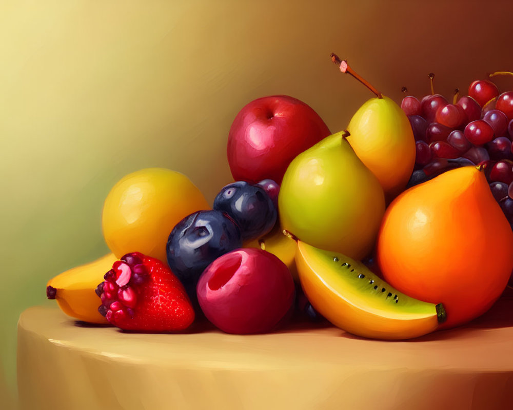 Colorful still life painting of assorted fruits on draped table