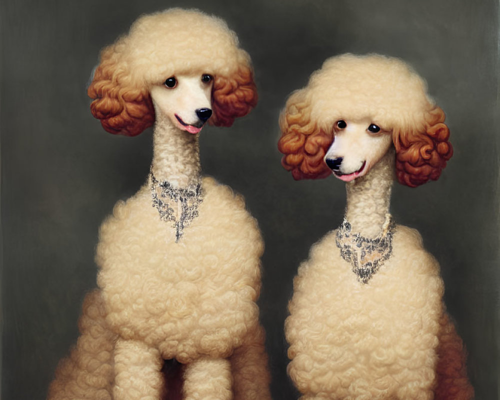 Elegant poodles in pearls pose against muted background