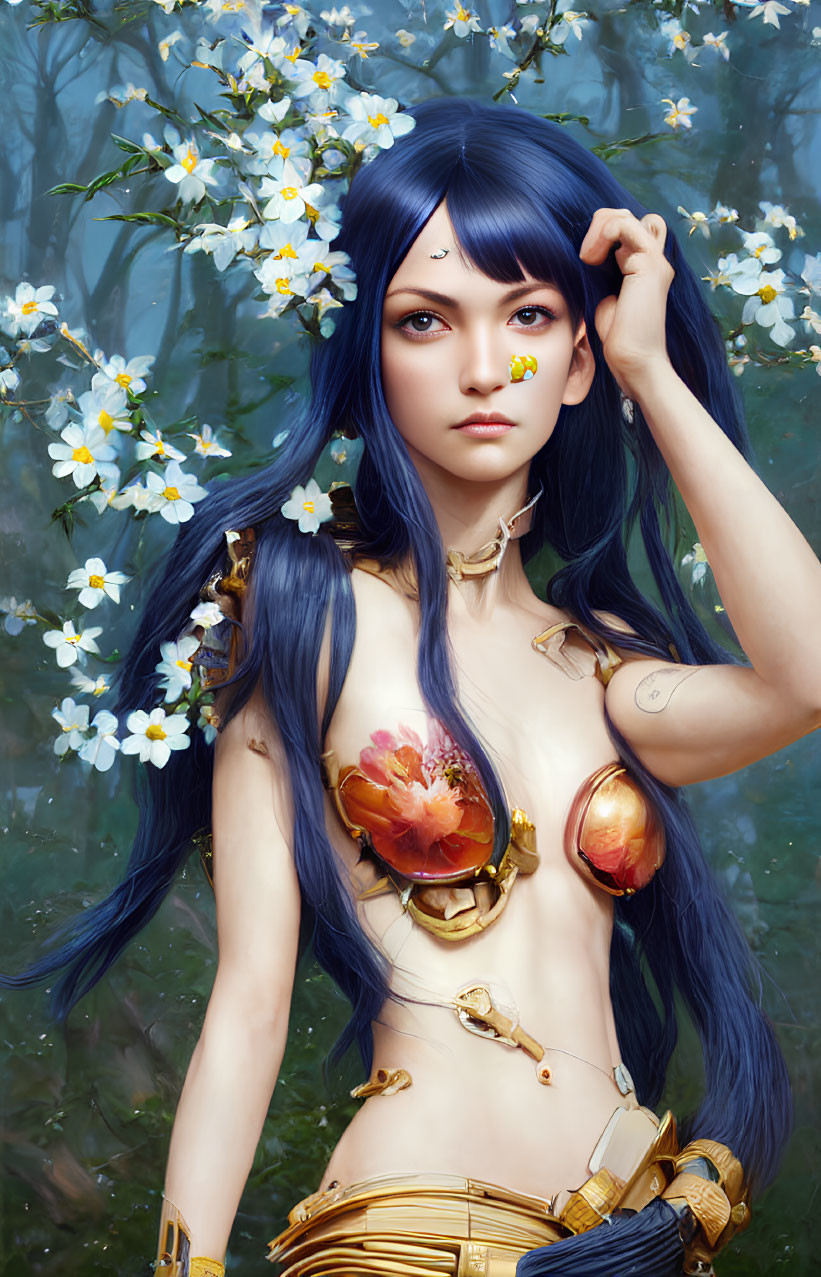 Digital illustration of woman with blue hair, golden armor, and floral backdrop