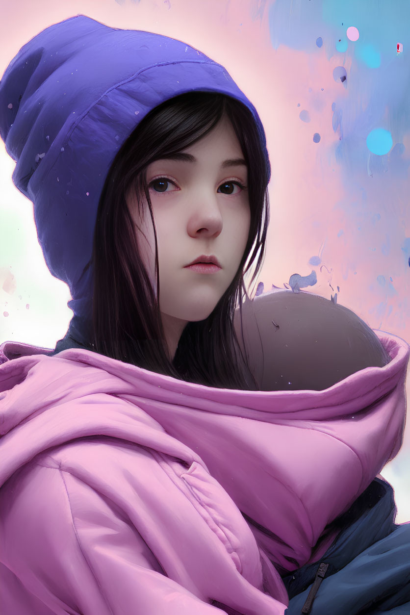 Digital artwork: Young girl in purple jacket on pink & blue background