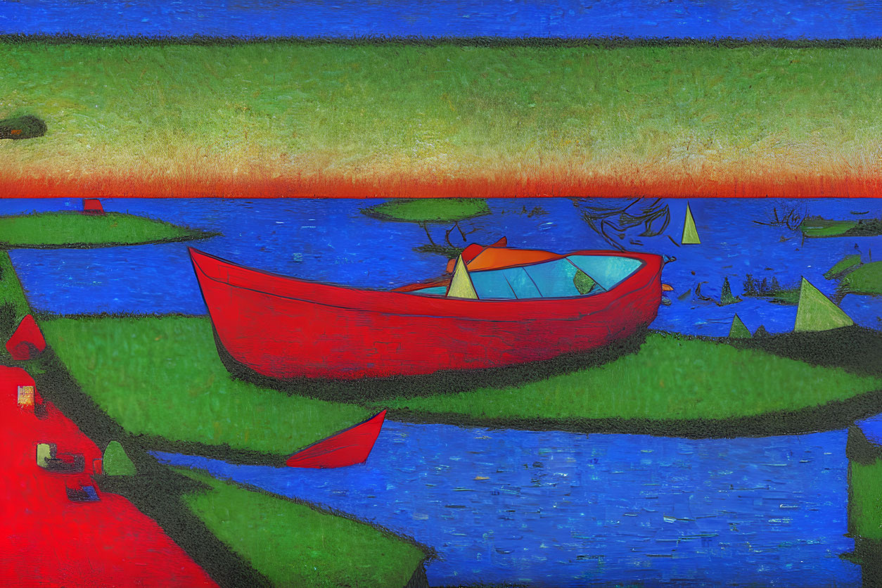 Vibrant abstract painting with red boat on blue water