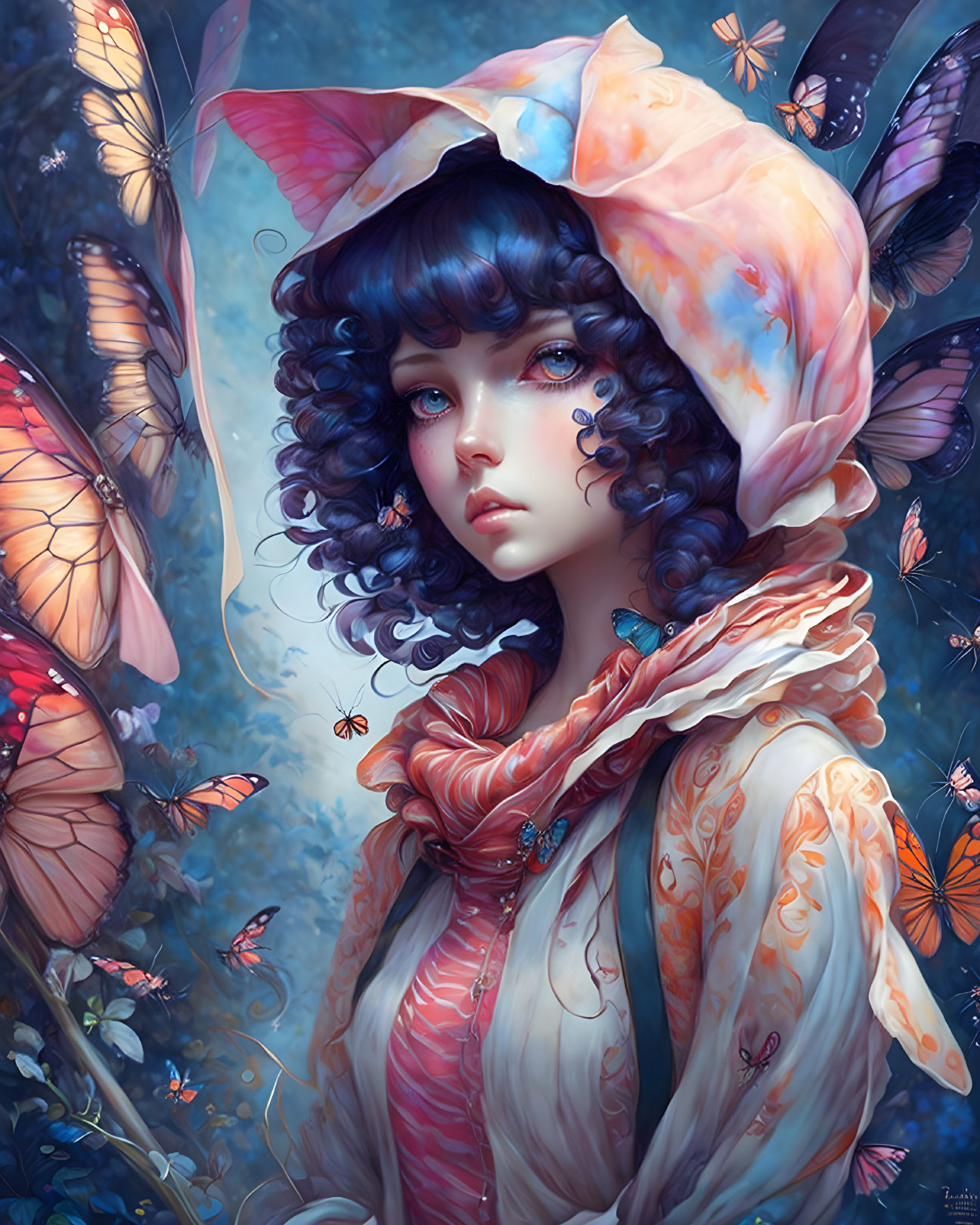 Illustration of girl with curly hair, blue eyes, surrounded by butterflies in floral outfit.