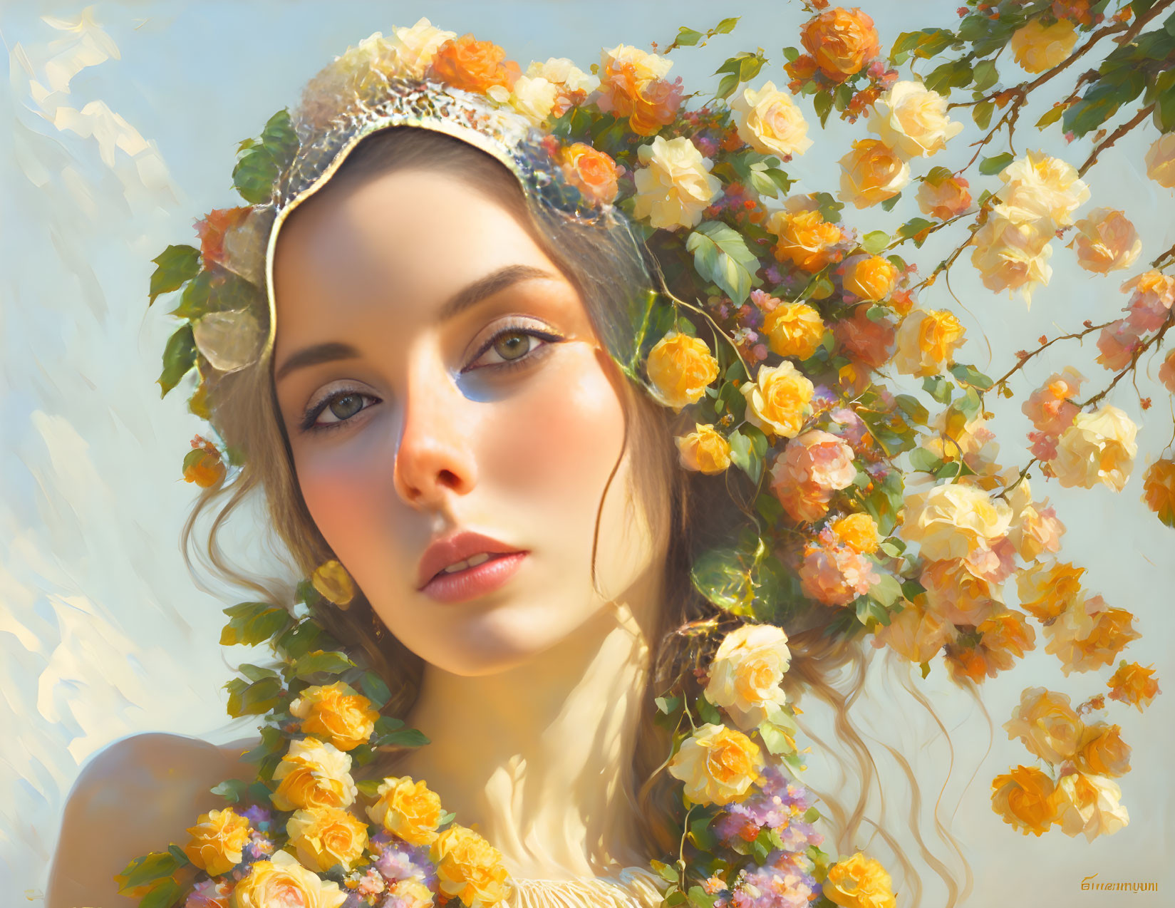 Woman Portrait with Floral Crown and Soft-Hued Blossoms on Light Background