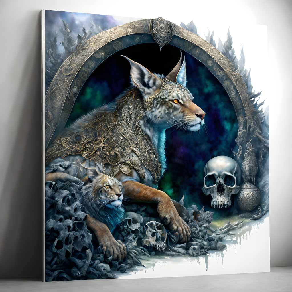 Armored wolf canvas print with skulls and icy fantasy elements