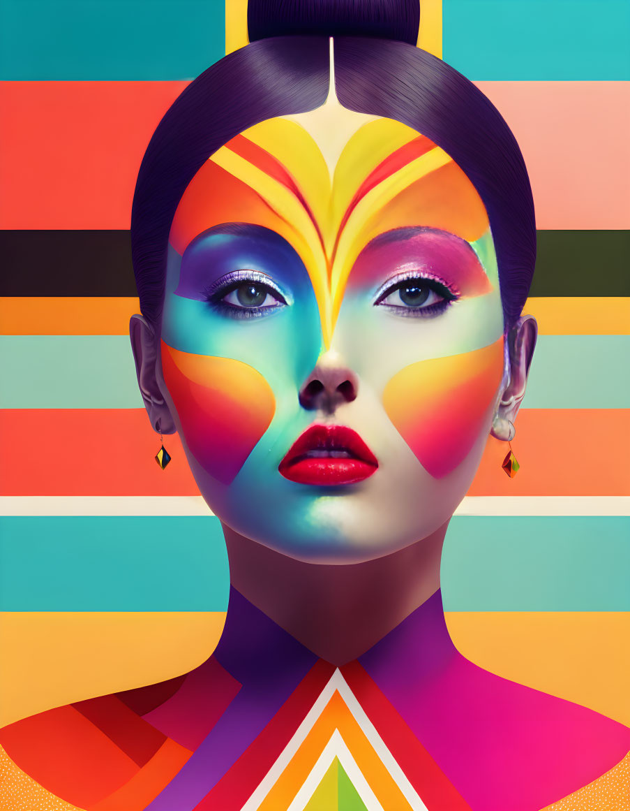 Colorful makeup on woman's face against vibrant background