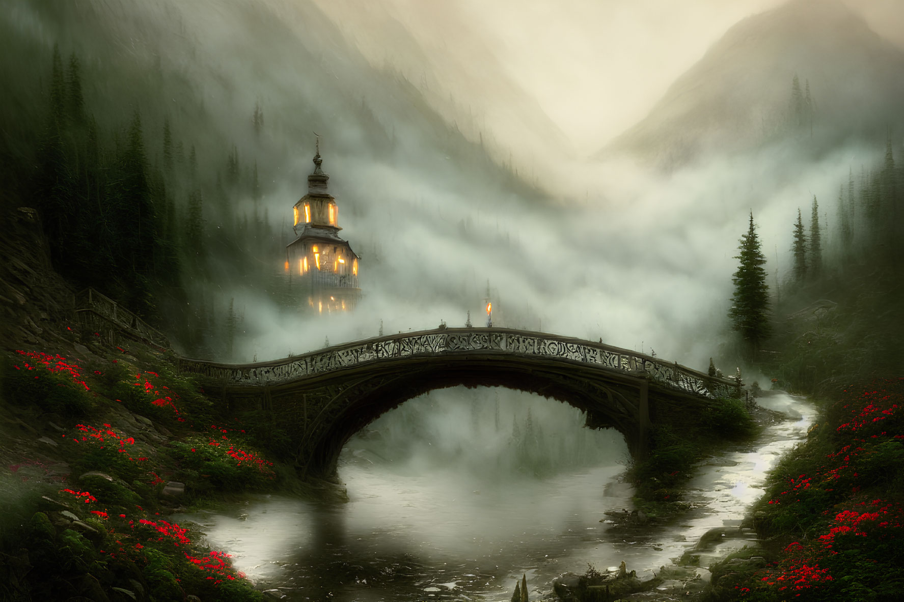 Illuminated chapel by misty river, mountains, red flowers