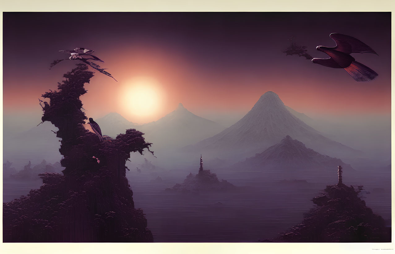 Fantastical sunset landscape with airships, ancient architectures, and misty mountains