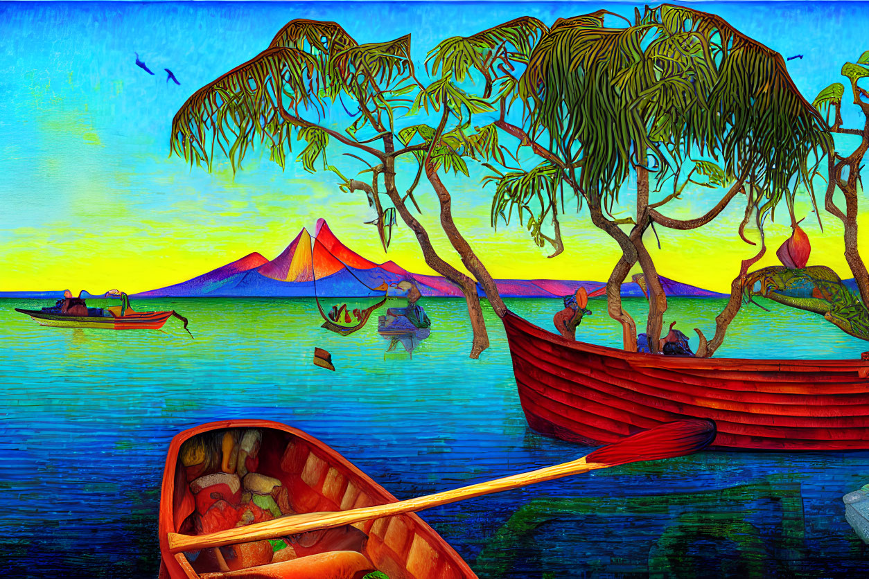 Colorful coastal painting with boats, volcano, bird, and foliage