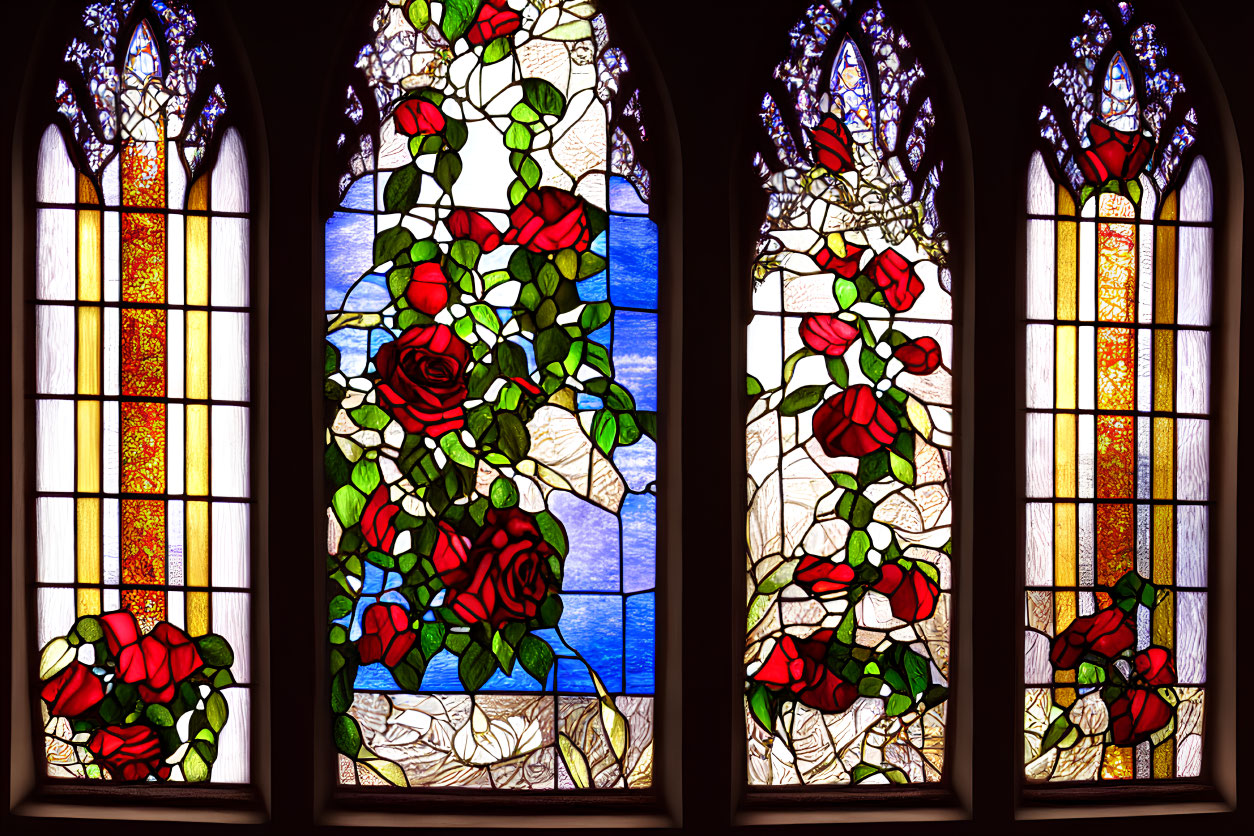 Vibrant red roses and green foliage in Gothic arch frames