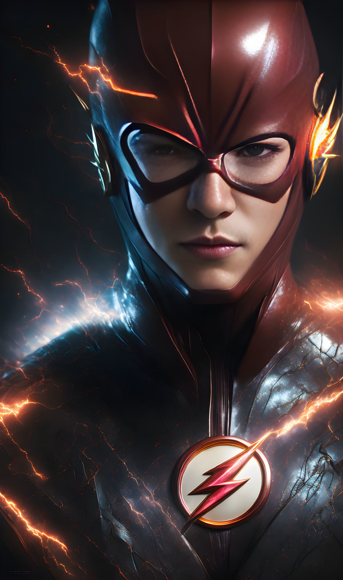 Character with red lightning mask and flash insignia on dark background.