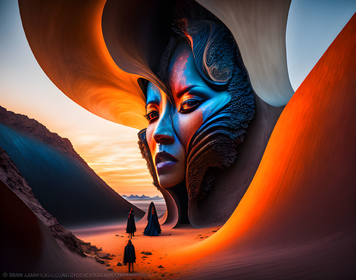 Surreal digital artwork: desert with cloaked figures and cosmic face blending with sand dunes