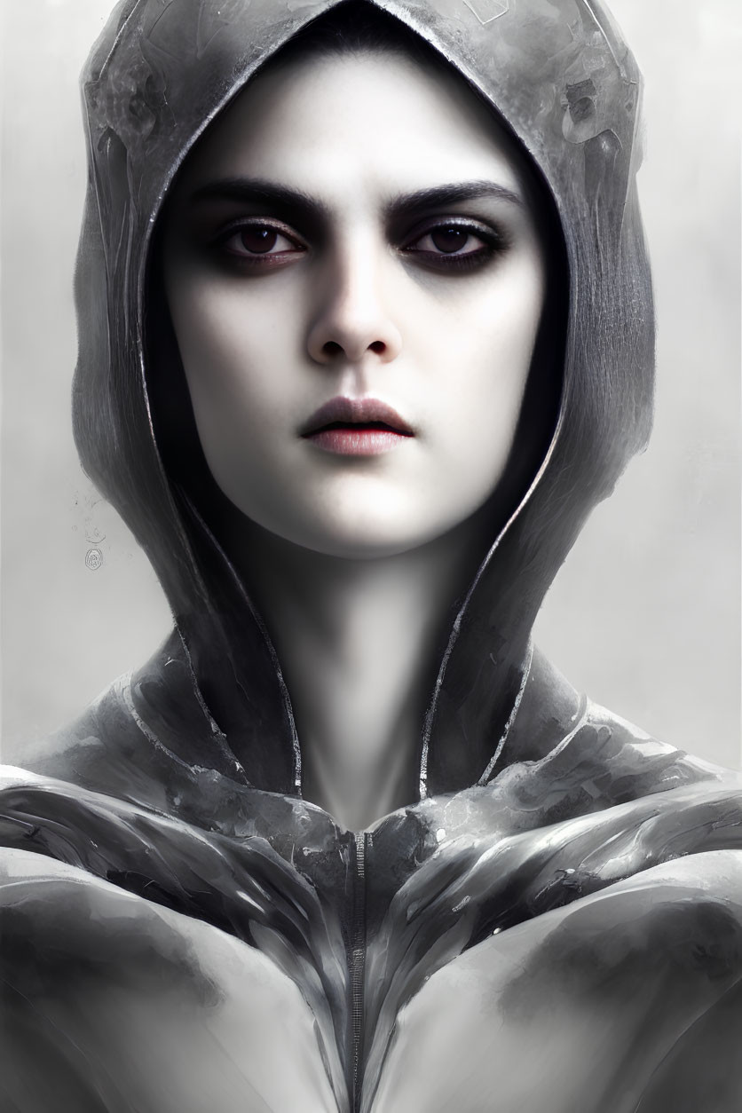 Serious person in grey hooded cloak with armor-like details