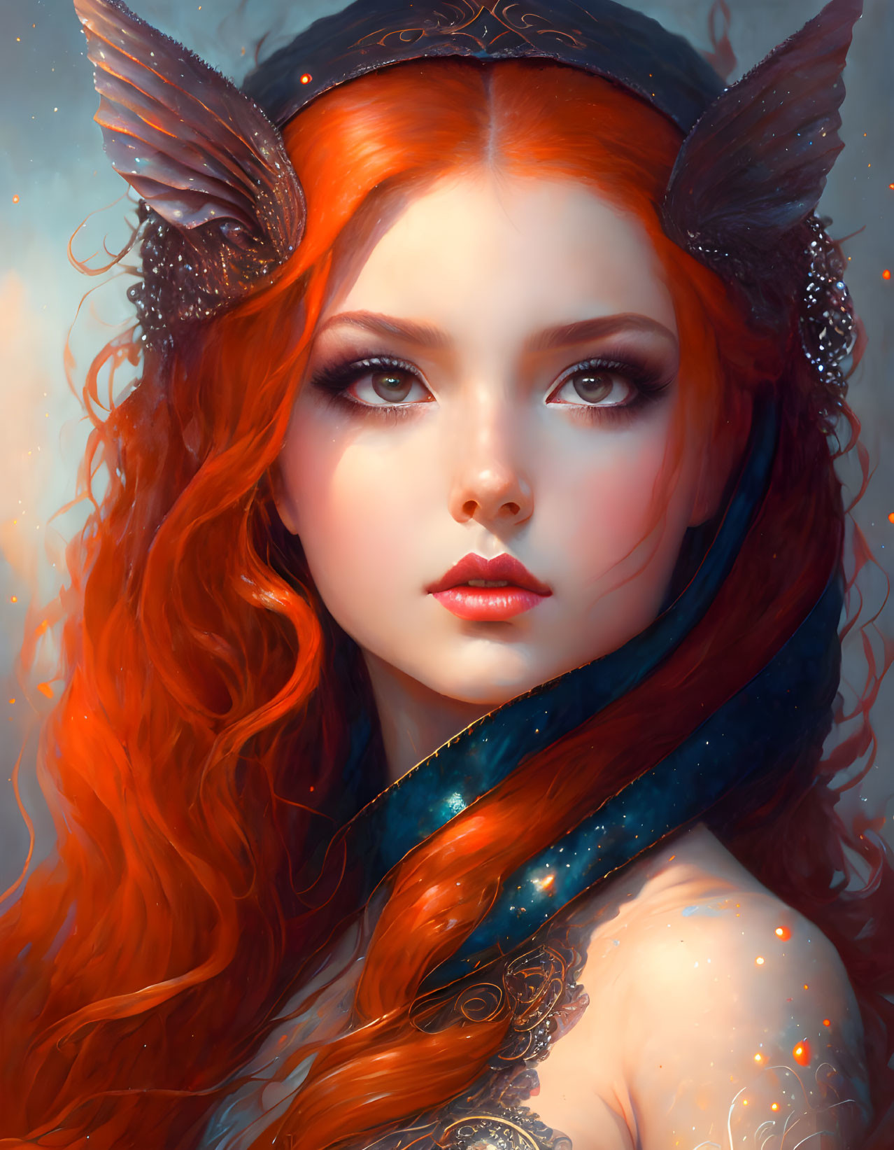 Fantasy female character with curly red hair and green eyes in jewelry.