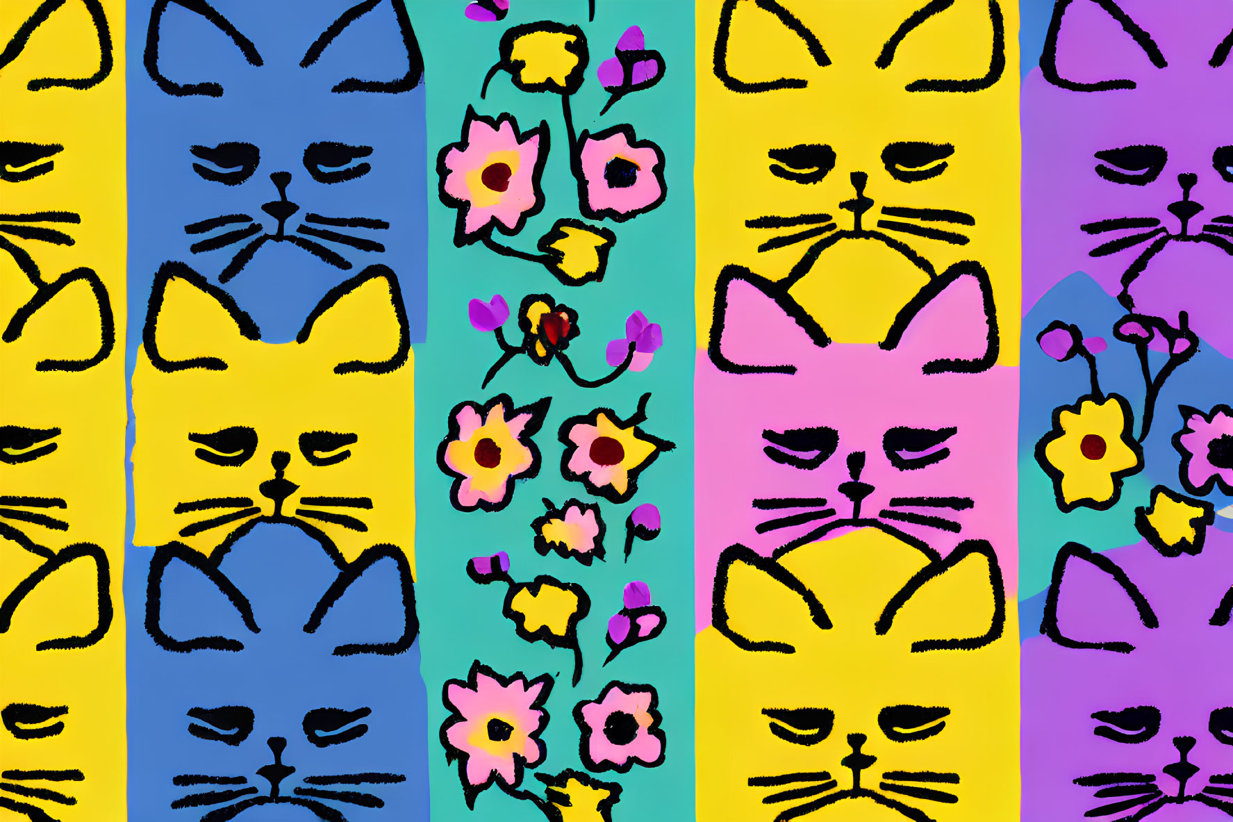 Vibrant Cat Faces and Flowers on Blue, Yellow, Purple Background