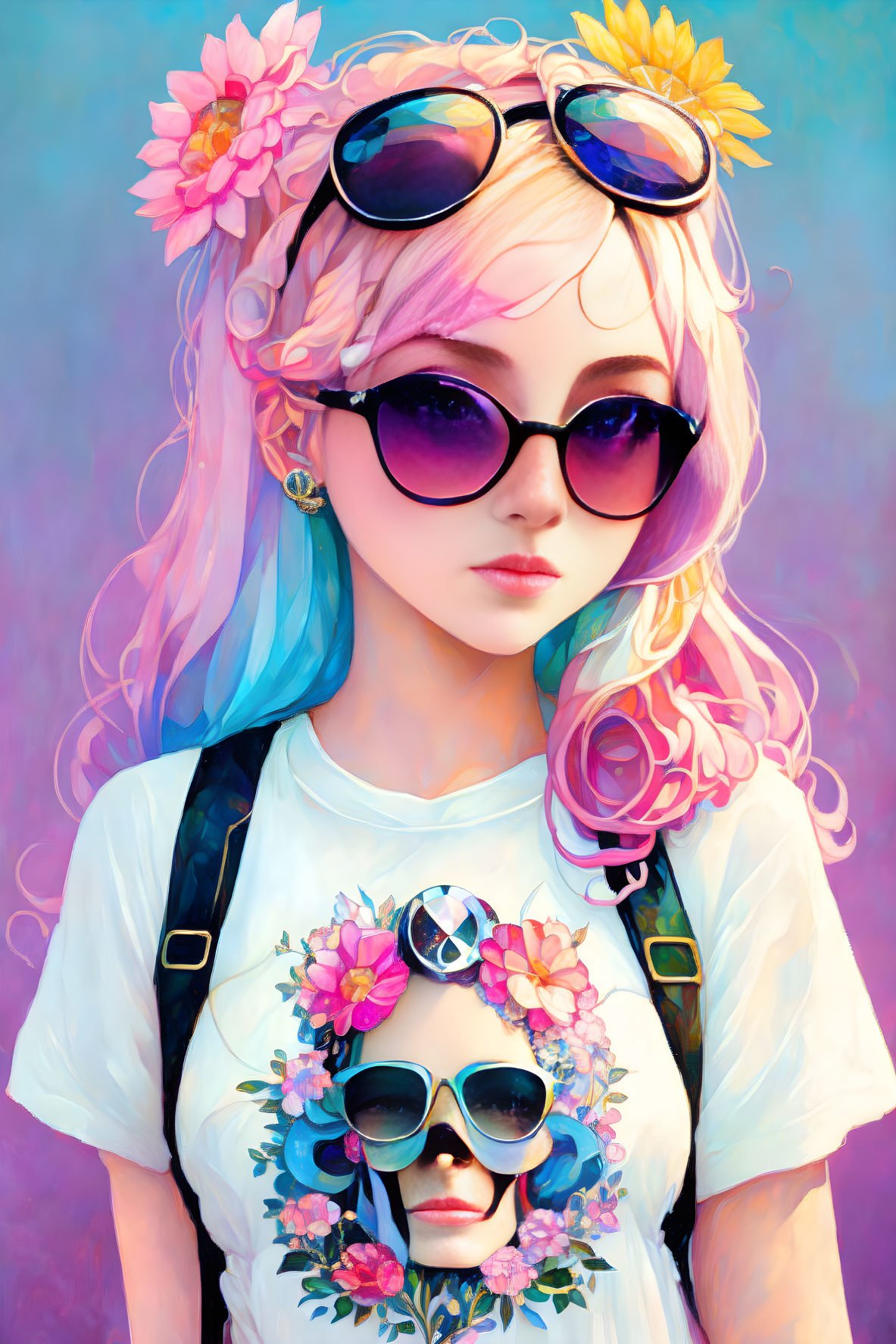 Stylish young woman with pastel-colored hair and large sunglasses adorned with vibrant flowers on a multi