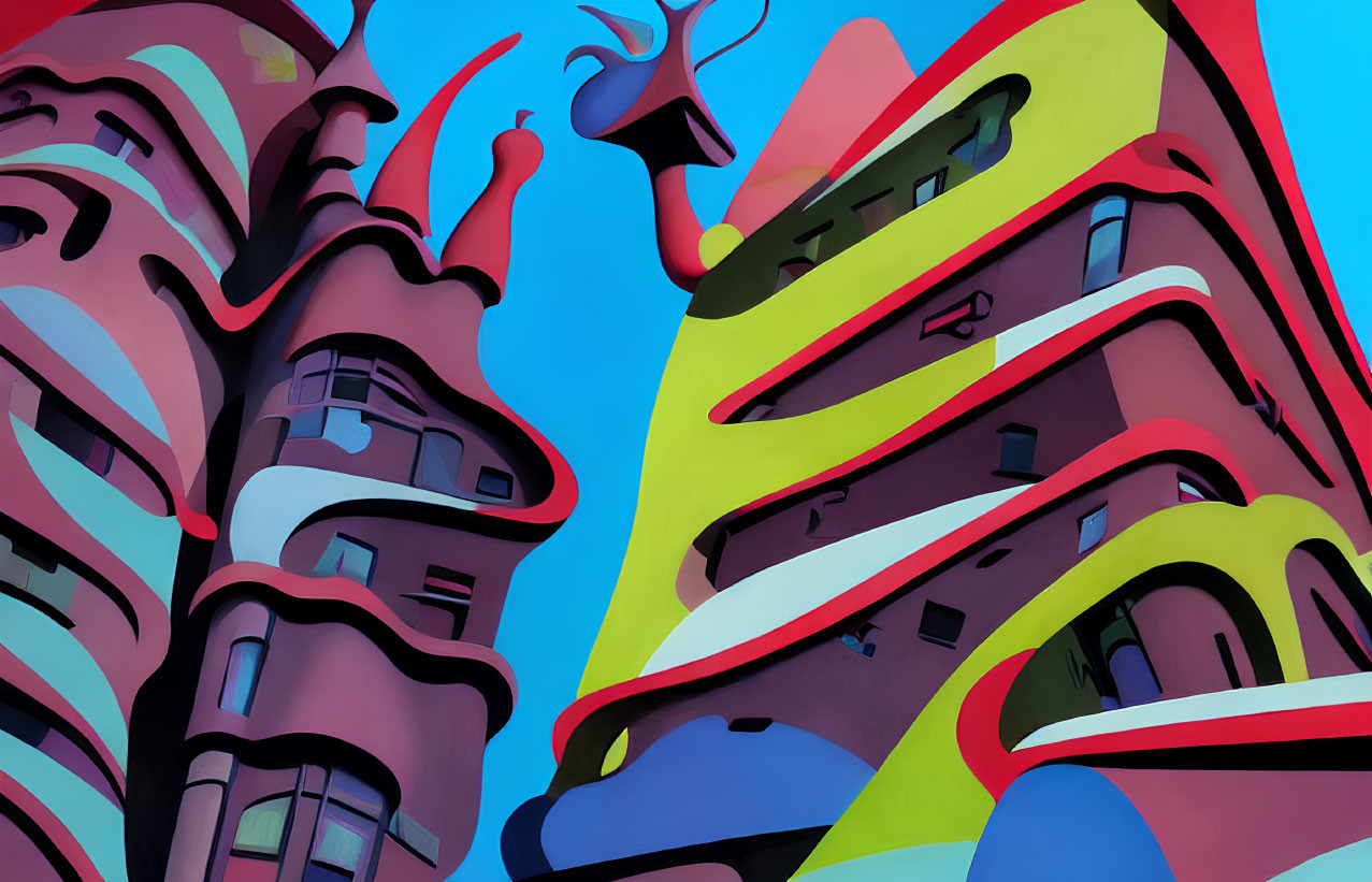 Vibrant illustration of distorted high-rise buildings against blue sky