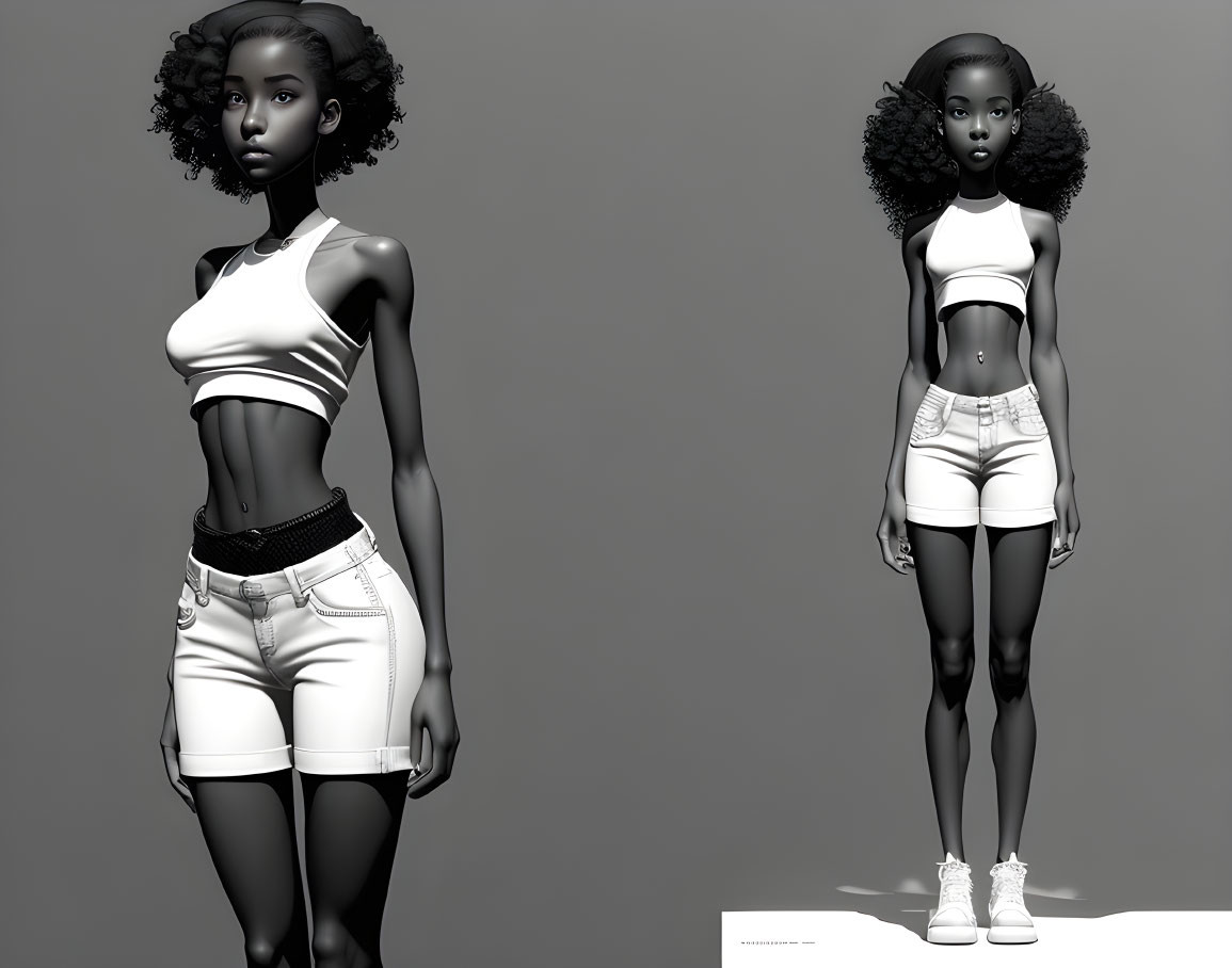 Monochrome 3D Renderings of Stylized Female Figure with Curly Hair