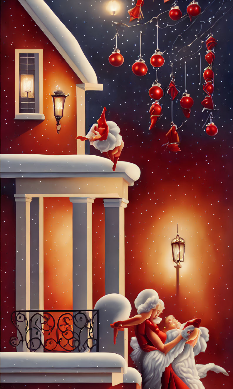 Santa Claus on rooftop with angels and baby in festive scene.