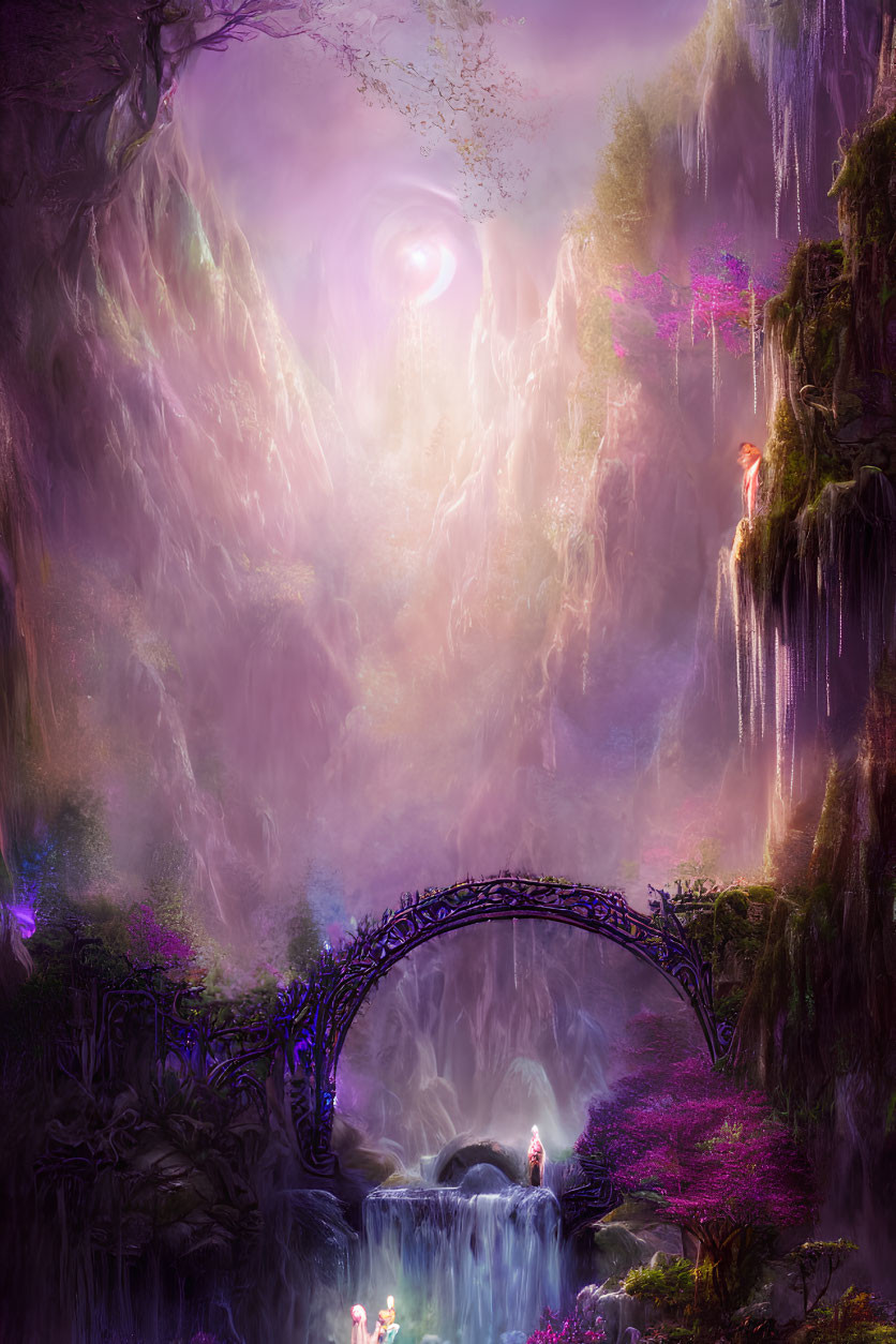 Mystical landscape with glowing purple hue, bridge over waterfall, lush flora, radiant light.