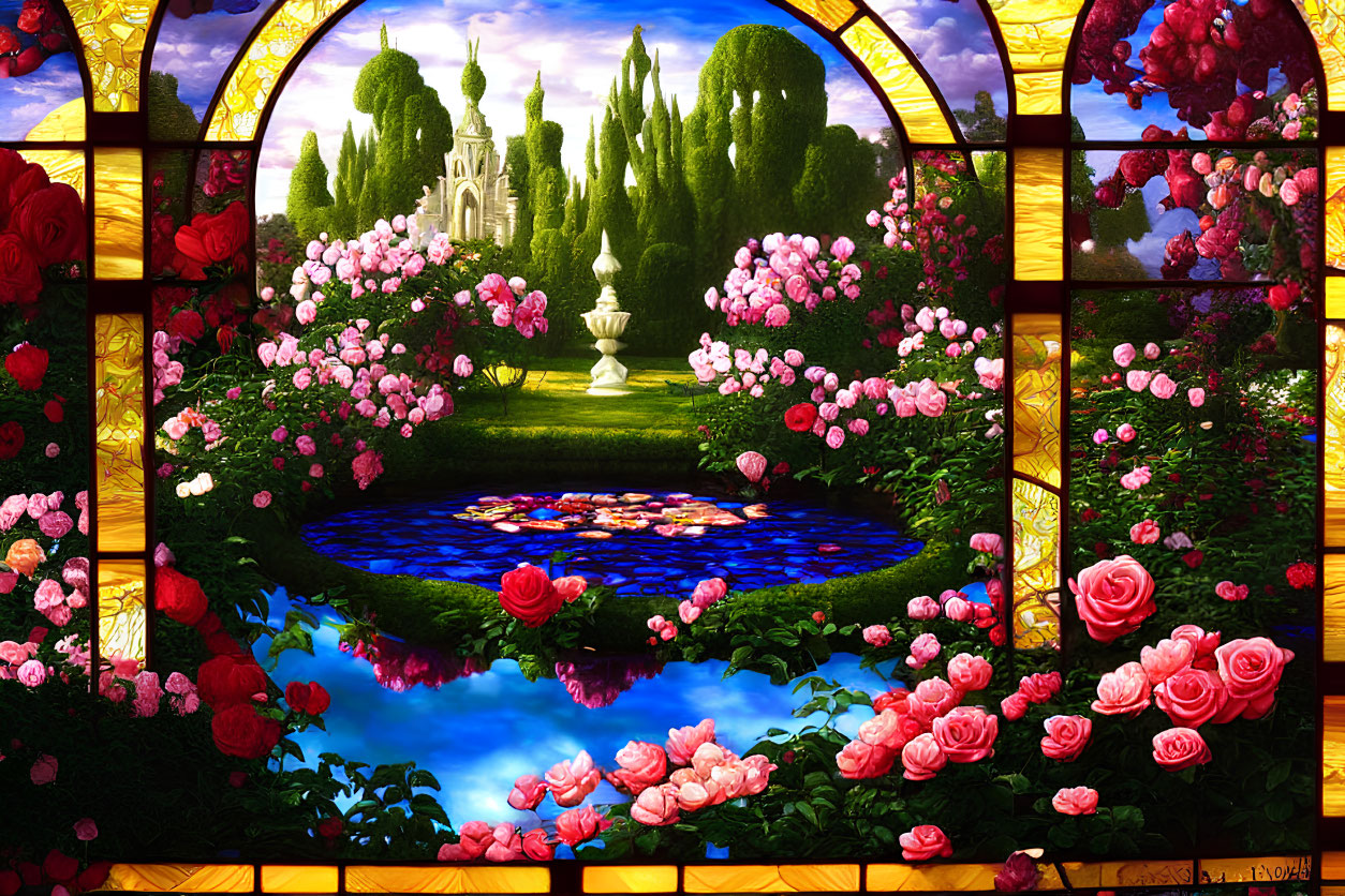 Vibrant garden scene with roses, pond, topiaries, and fountain