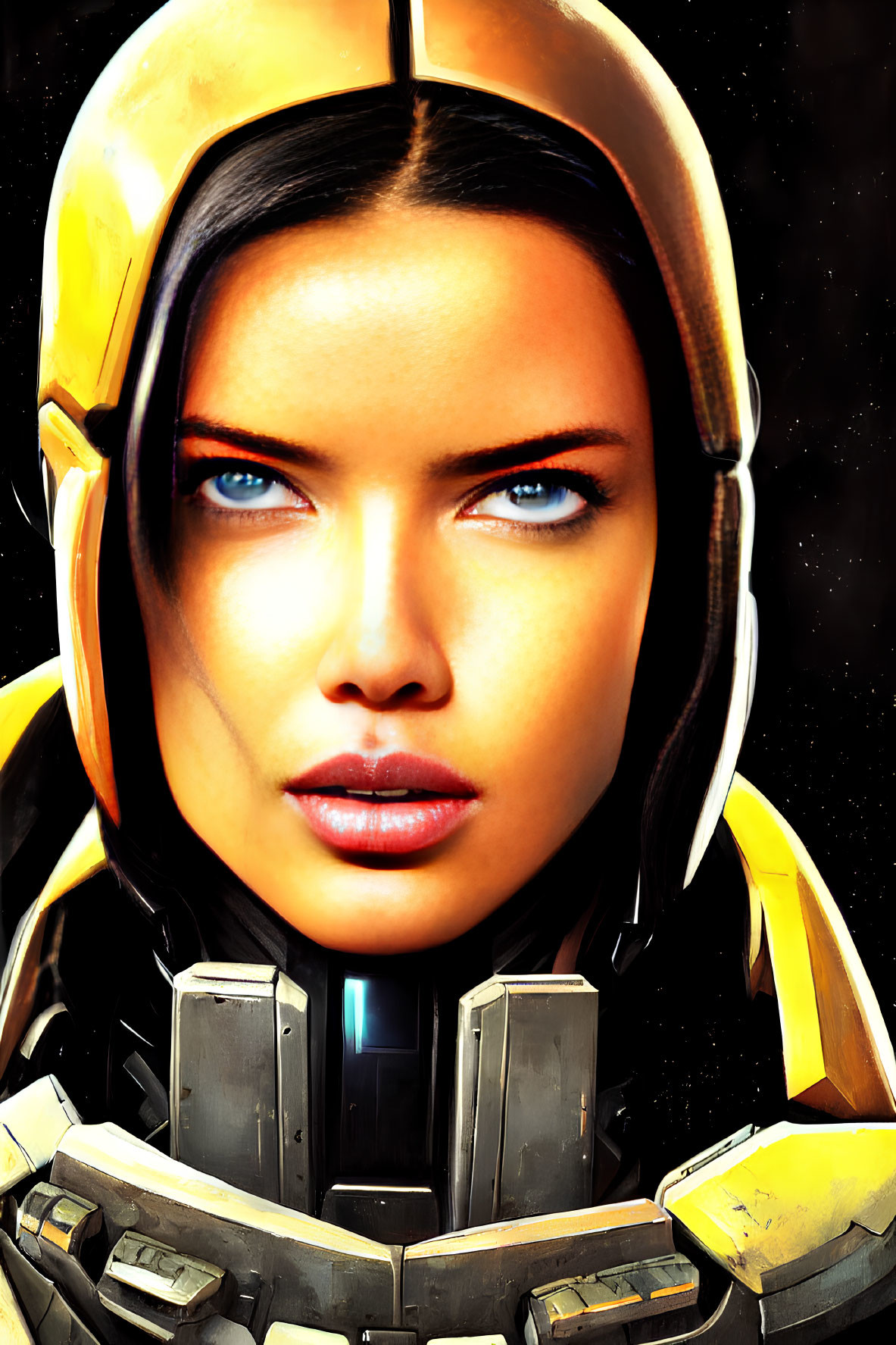 Digital portrait of woman with striking blue eyes in futuristic yellow and black helmet against dark space backdrop