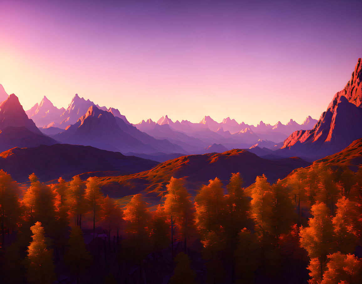 Golden Autumn Trees Against Purple Mountains at Sunrise or Sunset