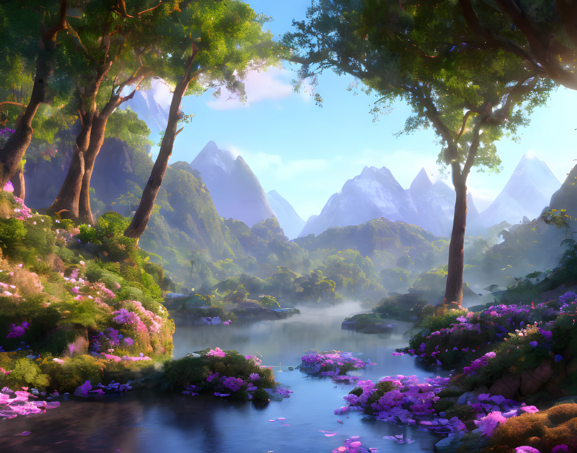 Vibrant purple flowers in lush green landscape with tranquil river and distant mountains