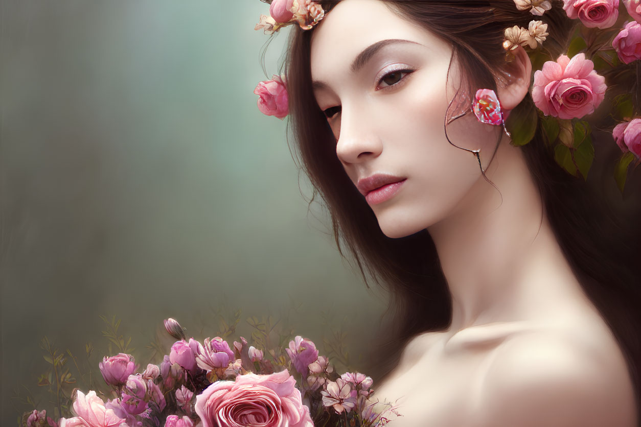 Woman with Flowers in Hair and Roses Bouquet in Serene Setting