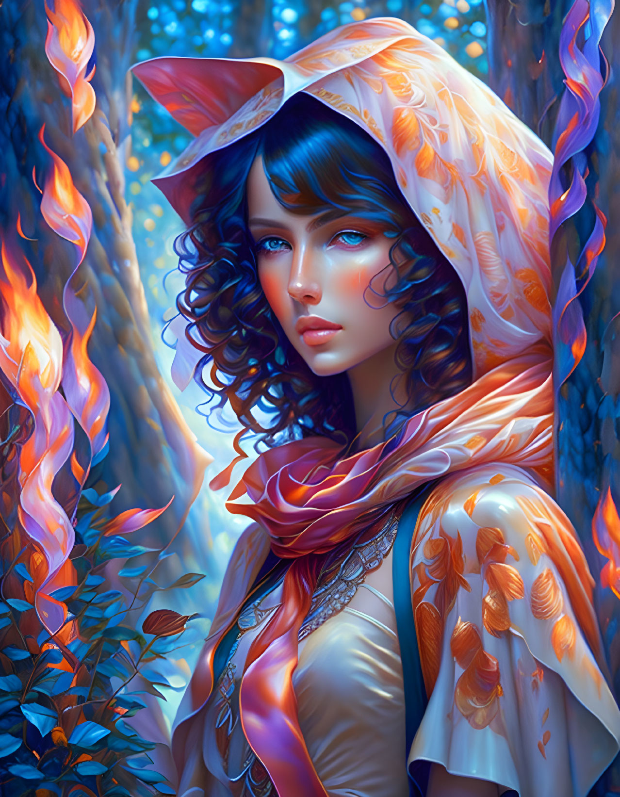 Digital illustration of woman with blue eyes and curly hair in leaf-patterned cloak among ethereal forest and