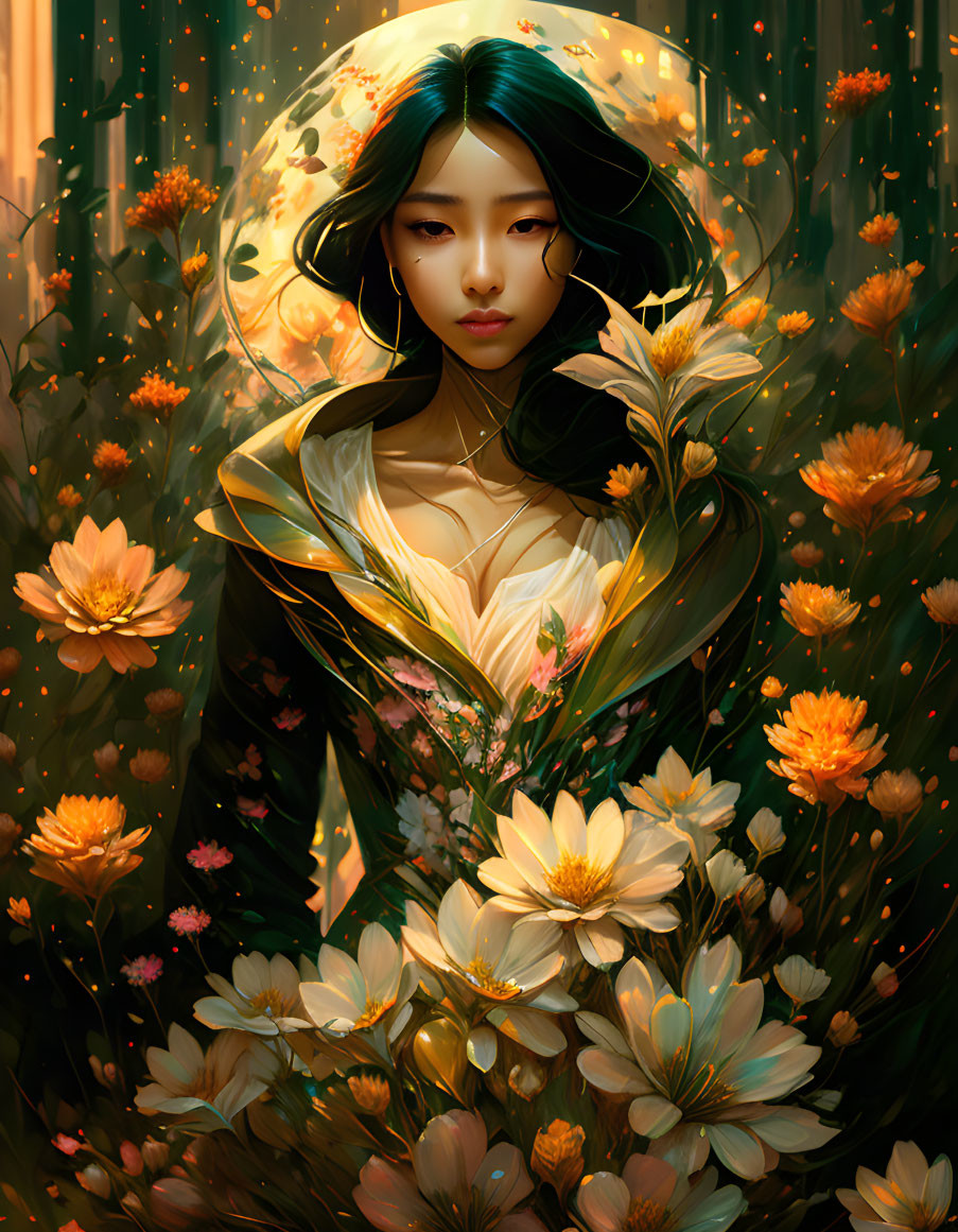 Woman in Golden Flower Surroundings with Moon-like Backdrop