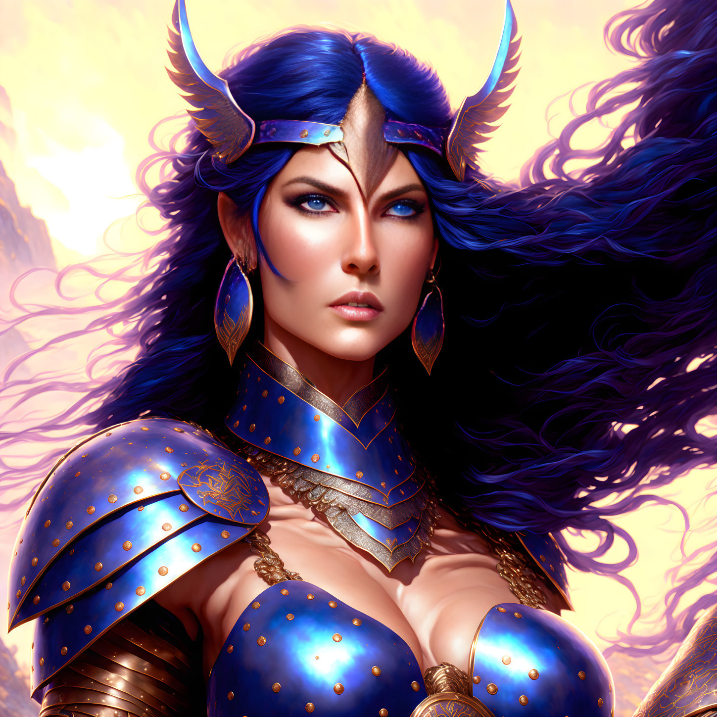 Fantasy female warrior digital art portrait with blue armor and horned helmet