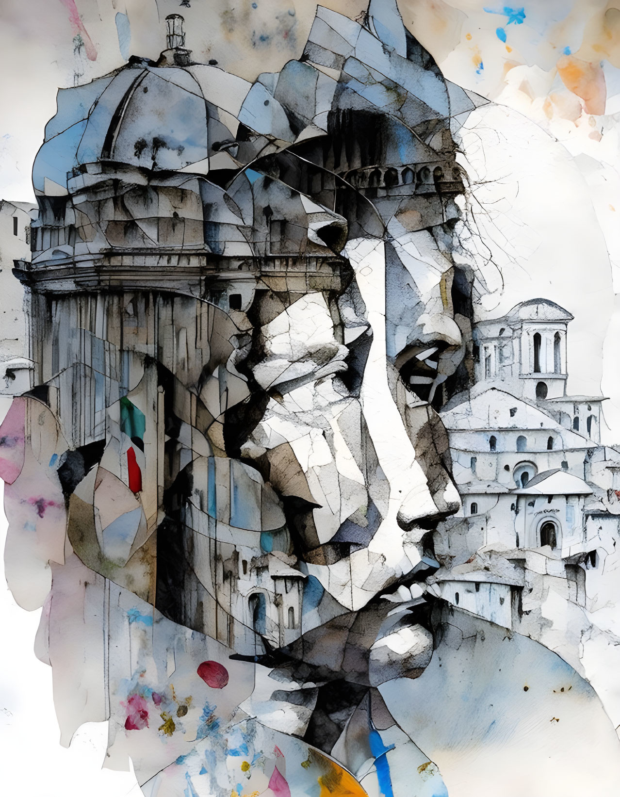 Abstract watercolor illustration blending classical sculpture profile and architectural elements