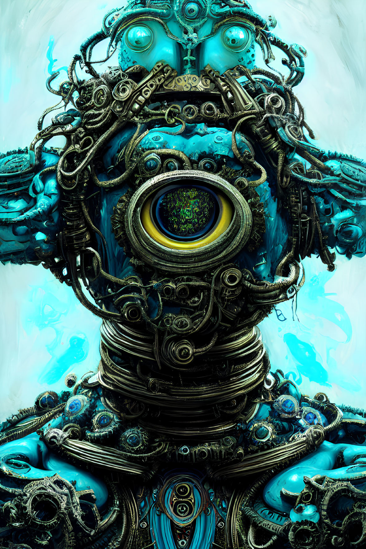 Blue mechanical figure with multiple eyes and ornate metallic details on teal background