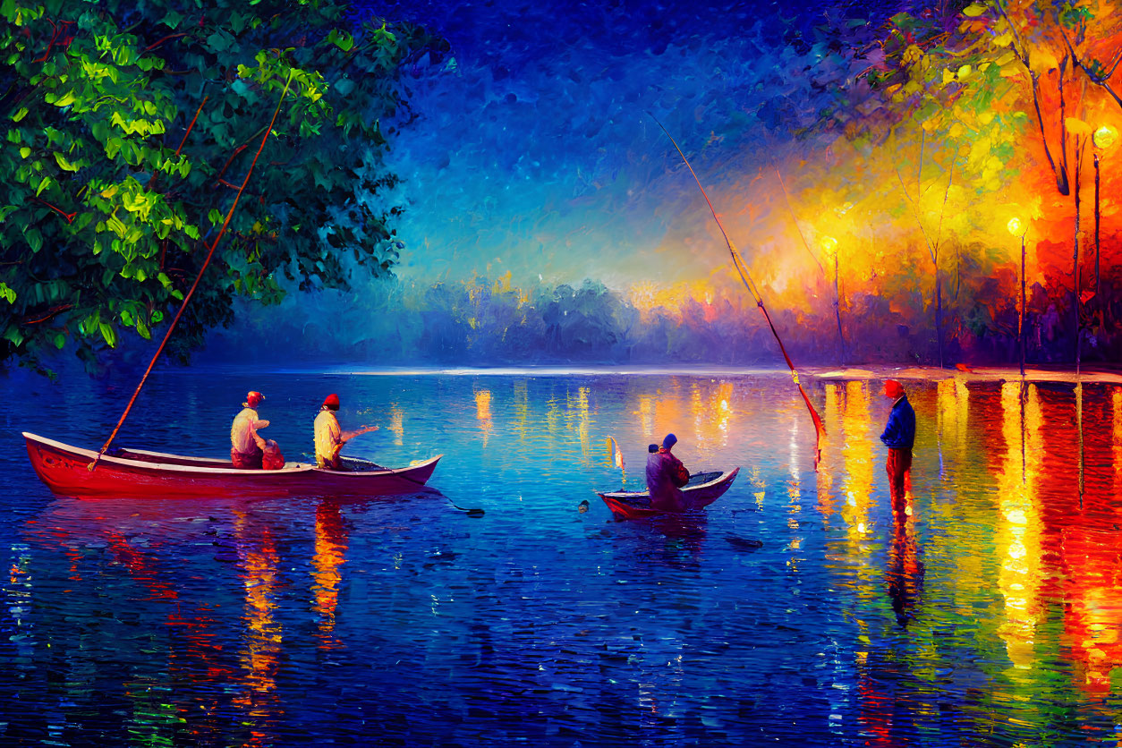 Colorful painting of people fishing on a blue river at sunset