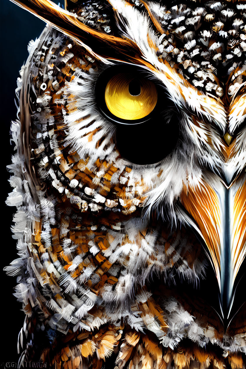 Detailed Owl Face Illustration with Vibrant Yellow Eye