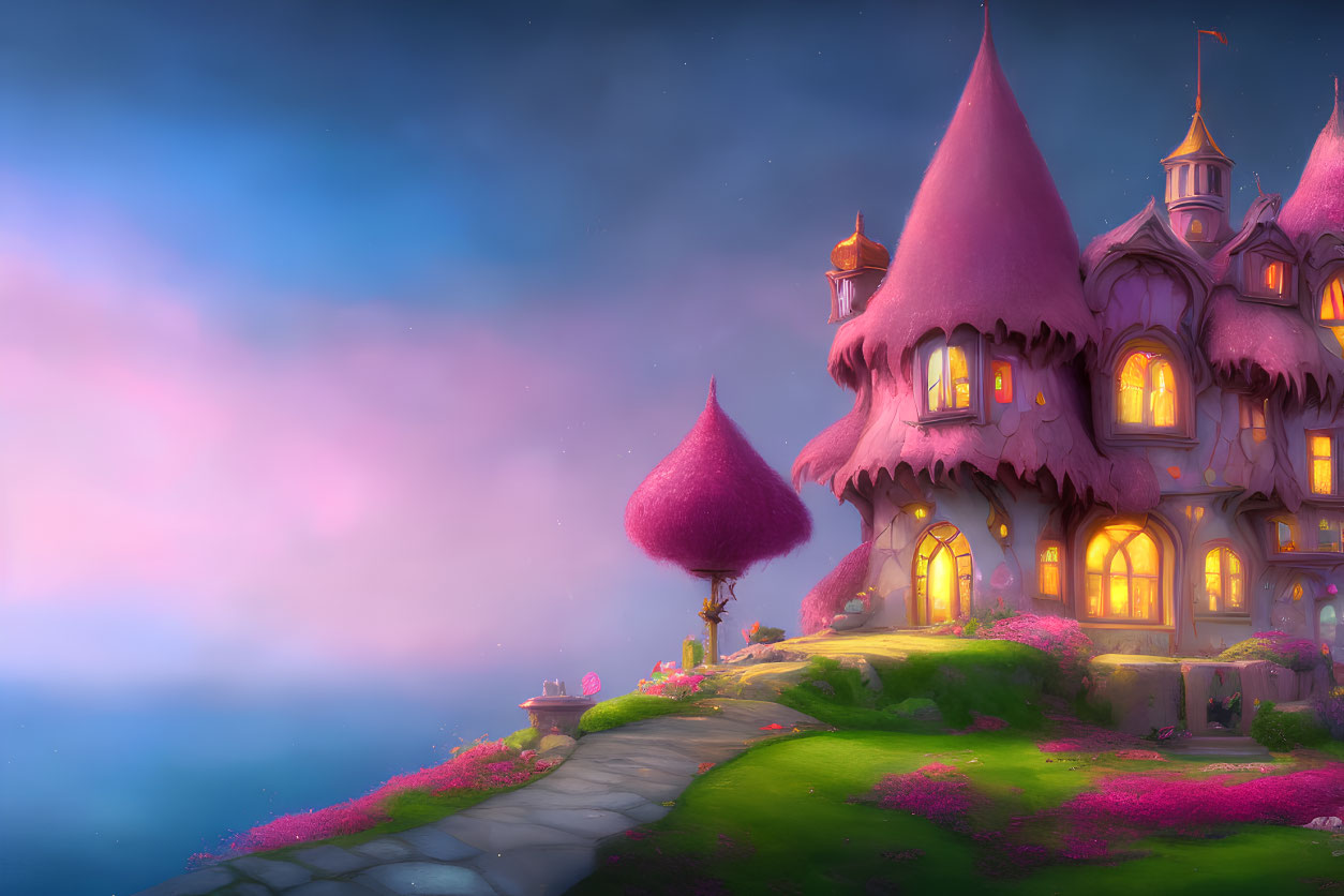 Pink castle with turrets in lush greenery under purple sky