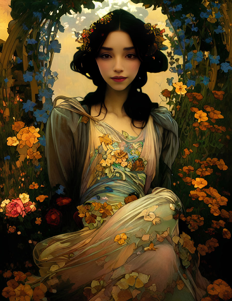 Dark-haired woman in floral crown, flowing gown, amidst ethereal garden with orange blossoms