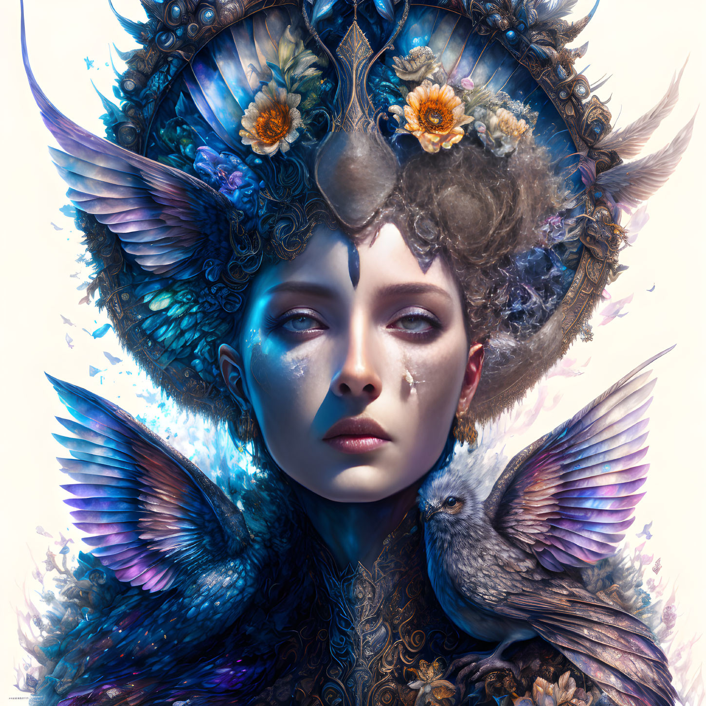 Fantastical portrait of woman with blue and golden headgear and bird.