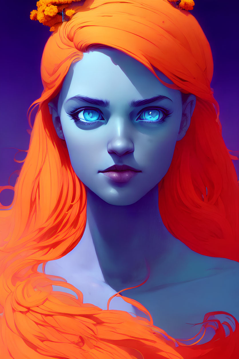 Digital artwork: Woman with vibrant orange hair and blue eyes on blue background