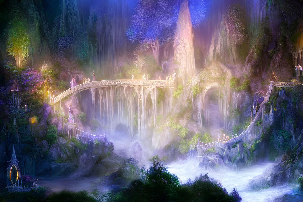 Ethereal fantasy landscape with glowing bridge over misty waterfall