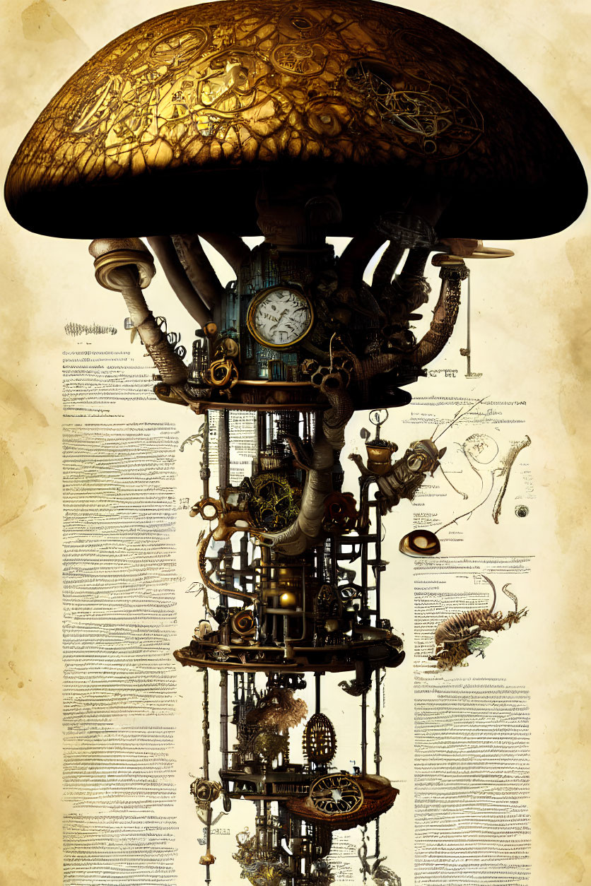 Steampunk mushroom design with gears, pipes, clock on vintage manuscript background