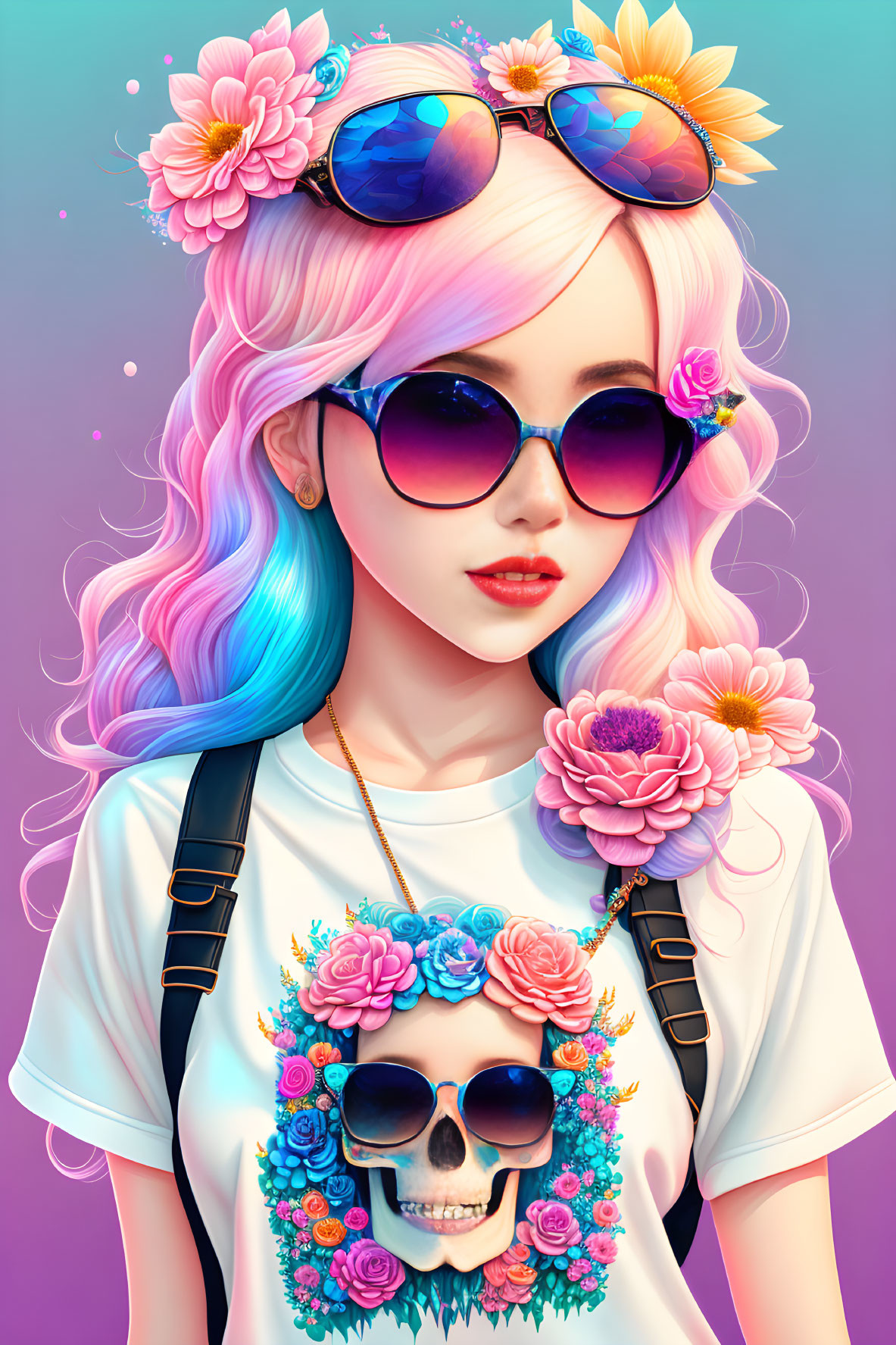 Illustration of person with pink and blue hair, floral skull t-shirt, sunglasses