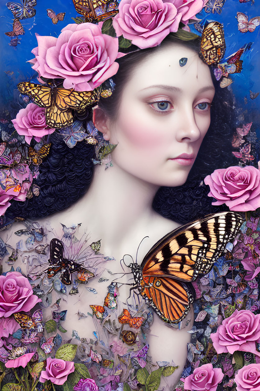 Surreal portrait of woman with pale skin, pink roses, and butterflies