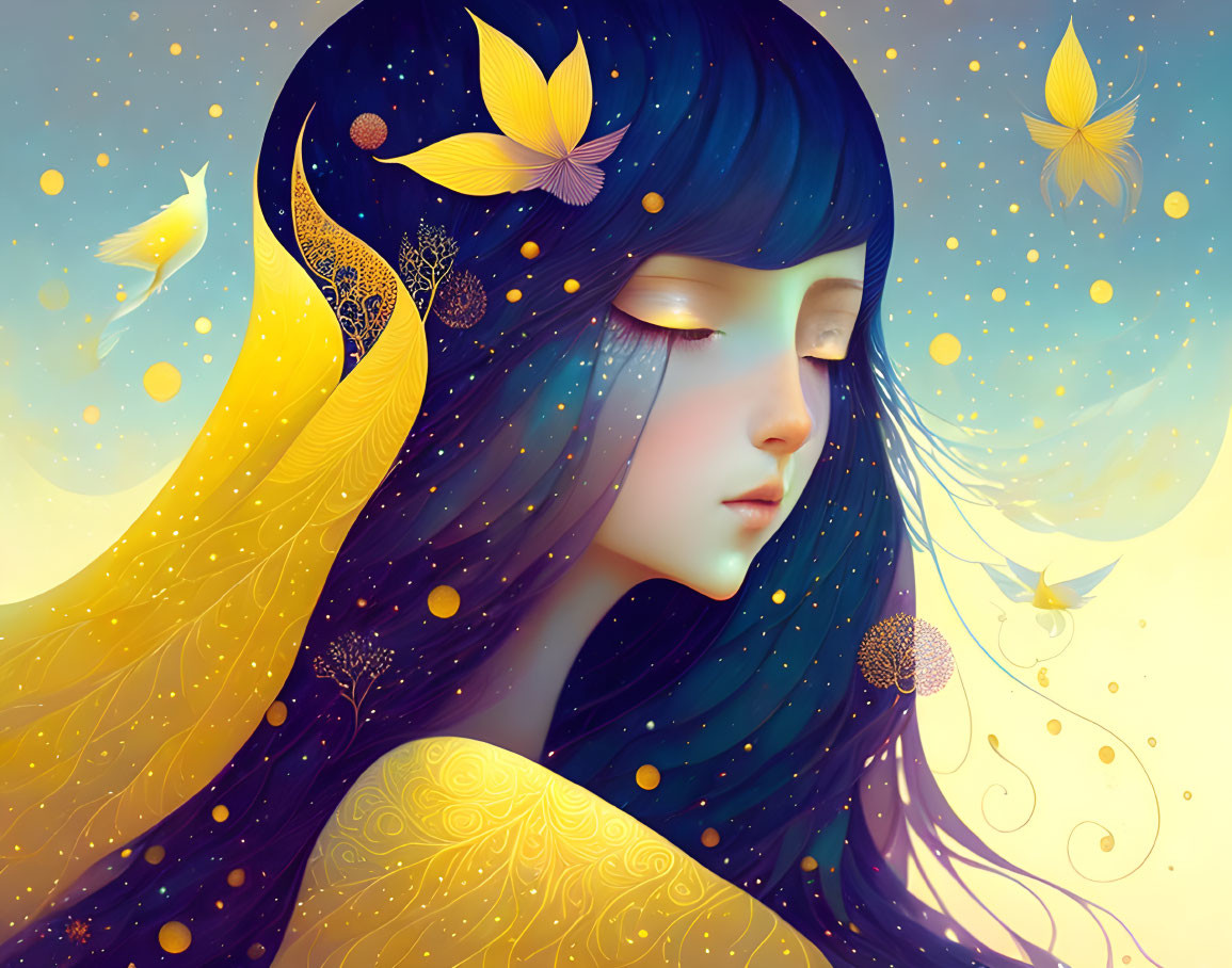 Serene Female Figure with Blue Hair Surrounded by Golden Butterflies